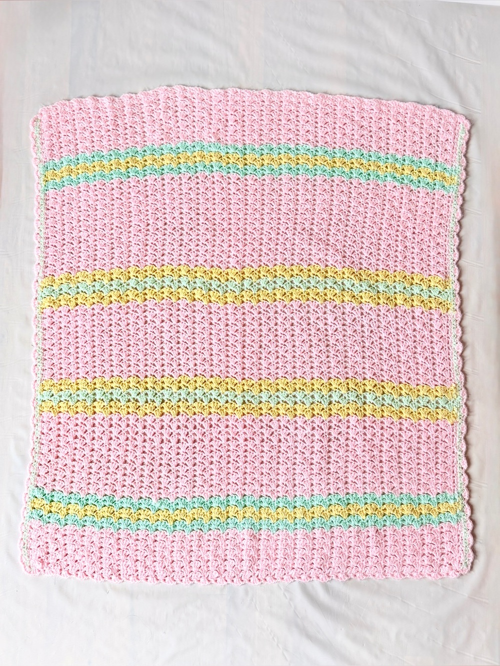Handmade Crochet Baby Blanket afghan Pink Yellow Green Stripes 38"×34"